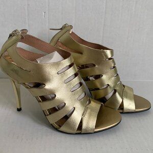 Cathy Jean Gold Strappy Heels Size 8 US Metallic Spike Heel Peep Toe Sandals